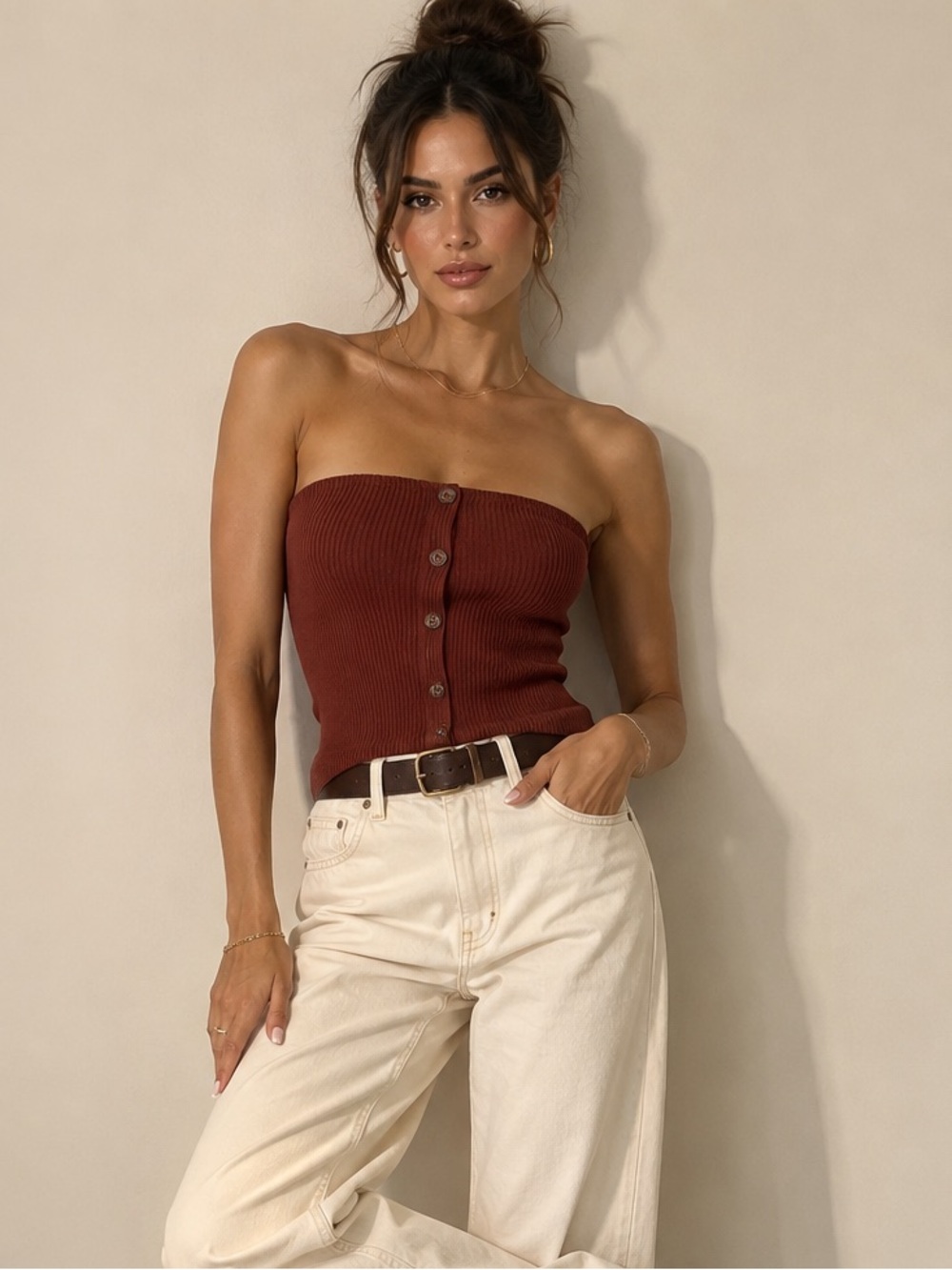 American Eagle Outfitters Strapless Ribbed Crop Top in Brown/deep redNWT